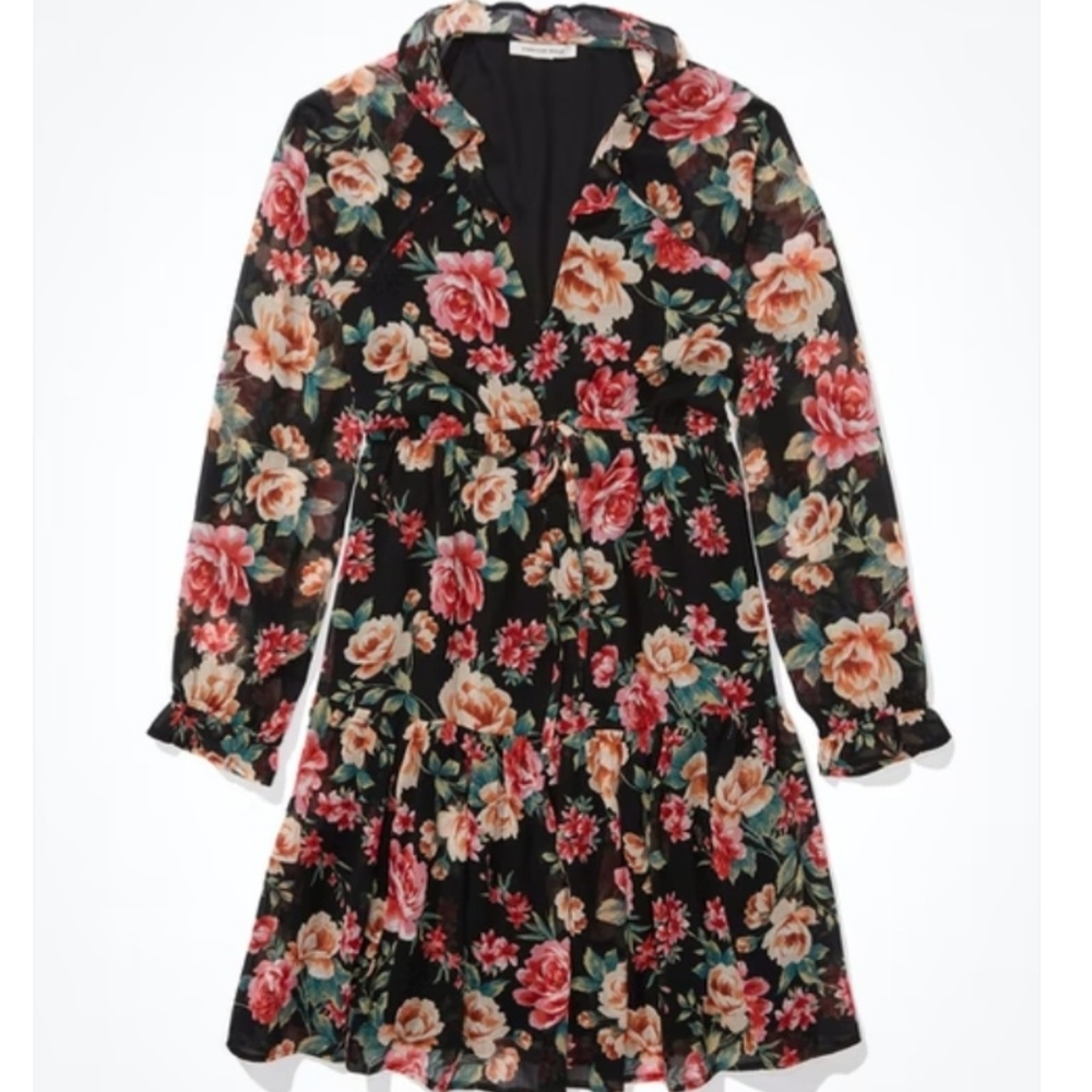 American Eagle Chiffon Babydoll Dress Women's Black Floral XL